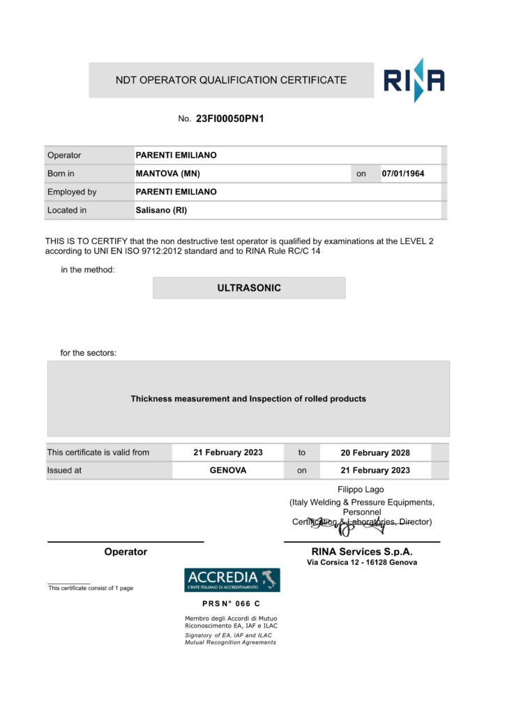 Certificato uso Ultrasuoni per perizie navali