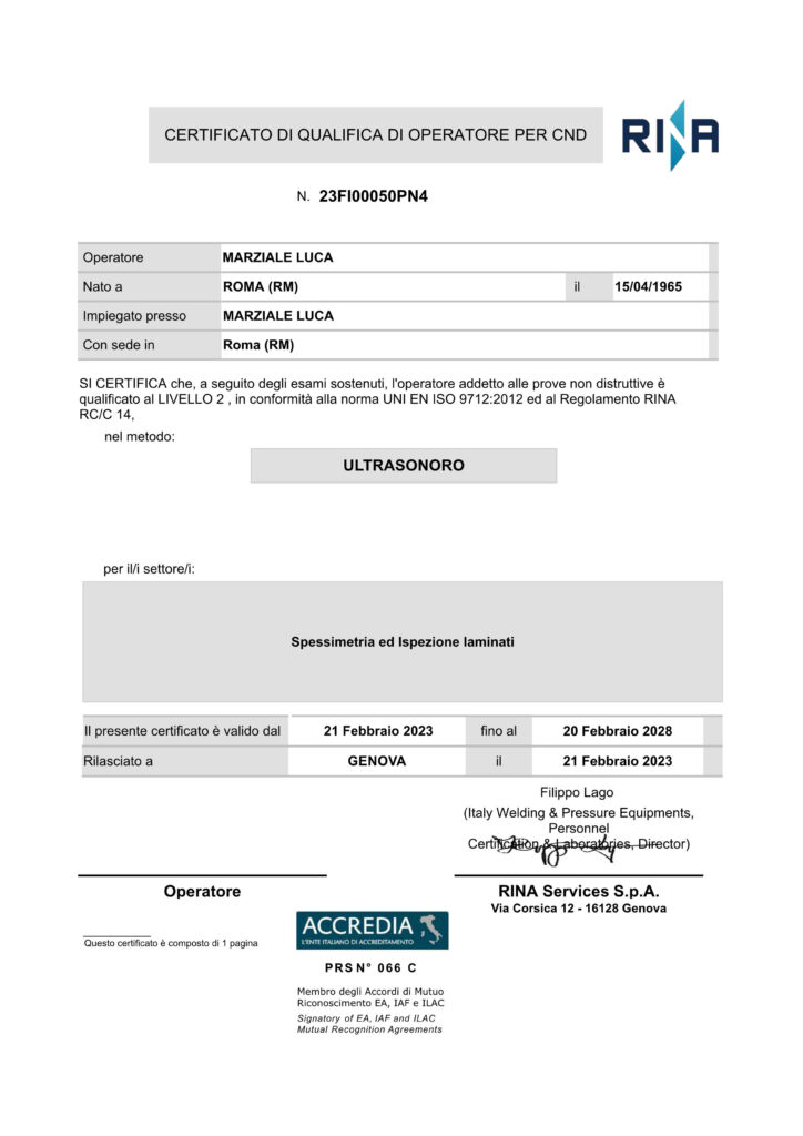 Certificato Ultrasuoni Perito navale Luca Marziale